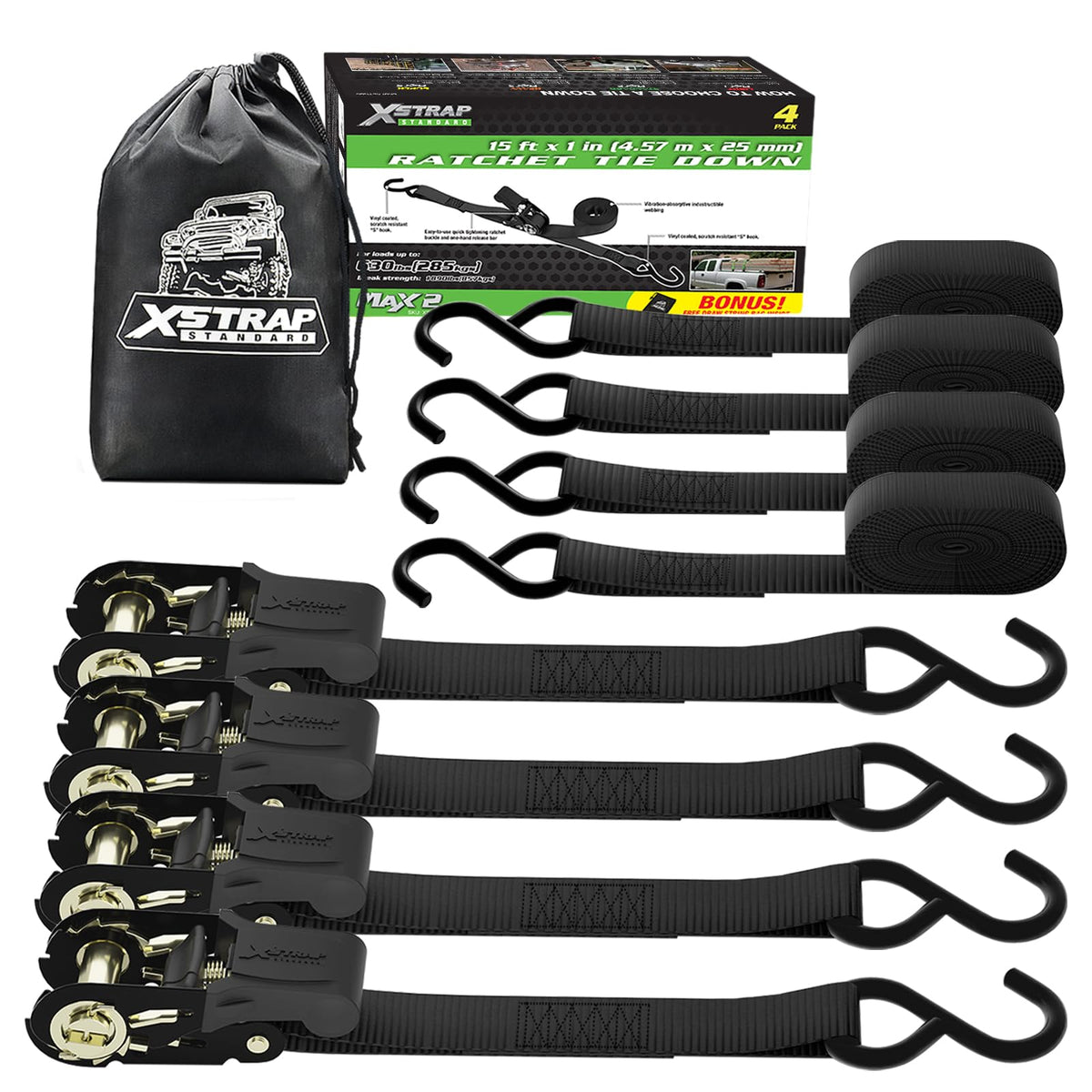 4 Pack 1" x 15FT Ratchet Tie Down Straps, Motorcycle Straps
