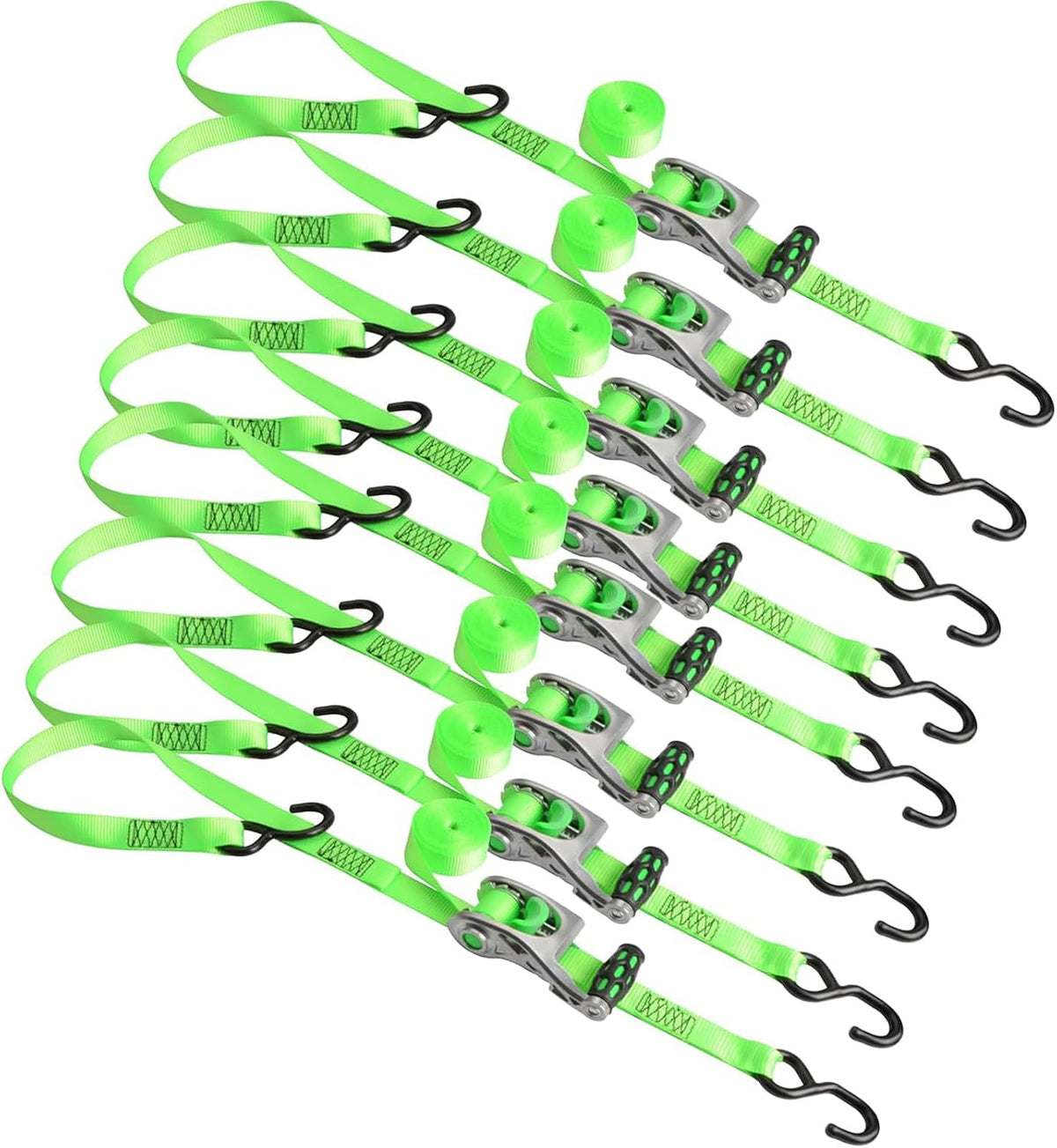 XS16095-8GR 8PK Motorcycle Ratchet Straps 1in x 14ft Luggage Straps 1,500 lbs Breaking Strength Green Ratchet Tie Down Strap w/Ergonomic Alu Alloy Handle & Coated S-Hooks for Truck Cargo Moving