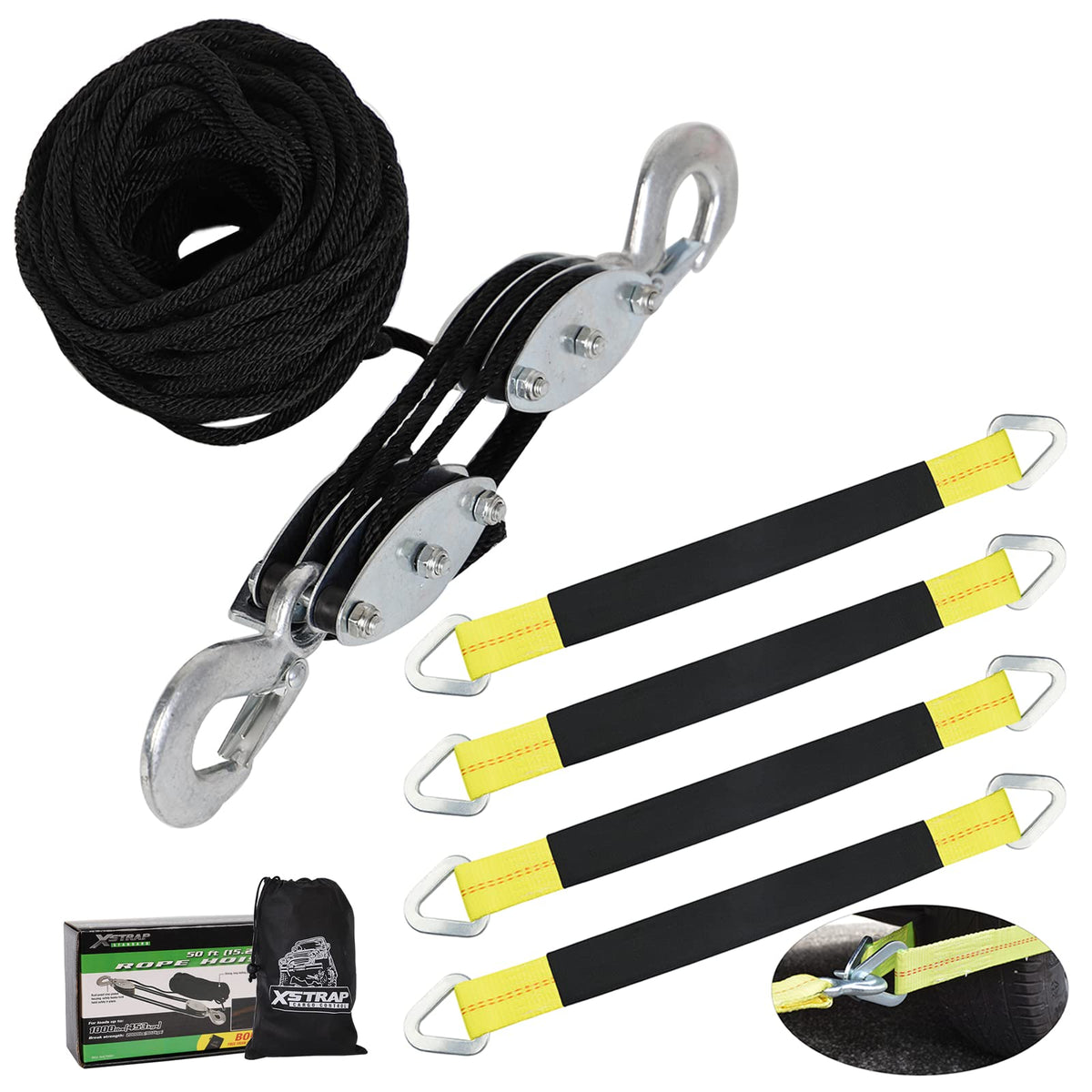 Heavy-Duty 2,000 LB Breaking Strength 50 FT Rope Hoist + 4 Pack of 36 x 2" Axle Strap with Protective Sleeve and D-Ring