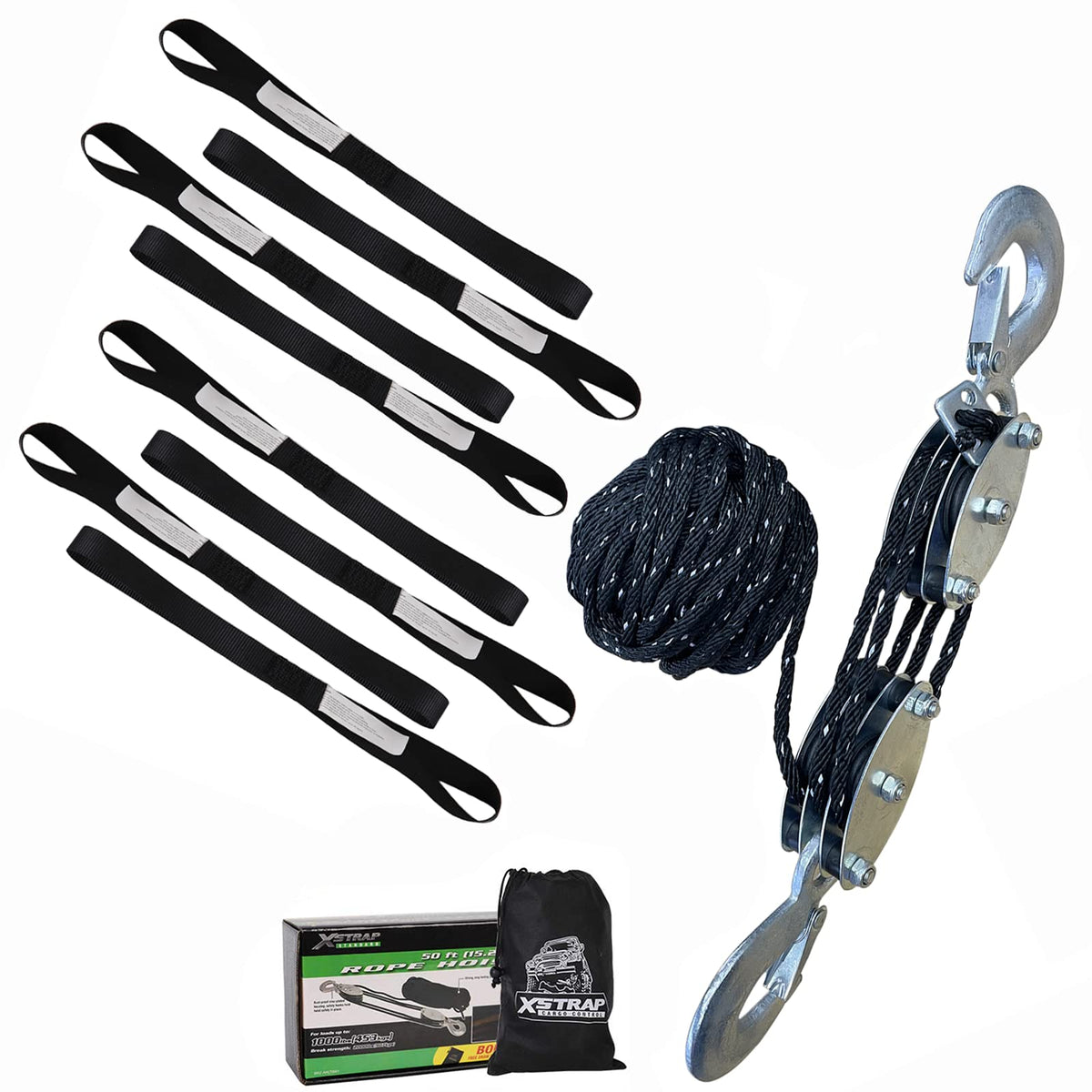 Heavy-Duty 2,000 LB Breaking Strength 50 FT Reflective Rope Hoist + 8PK 1-1/16 x 18 inches Soft Loop Tie-Down Straps