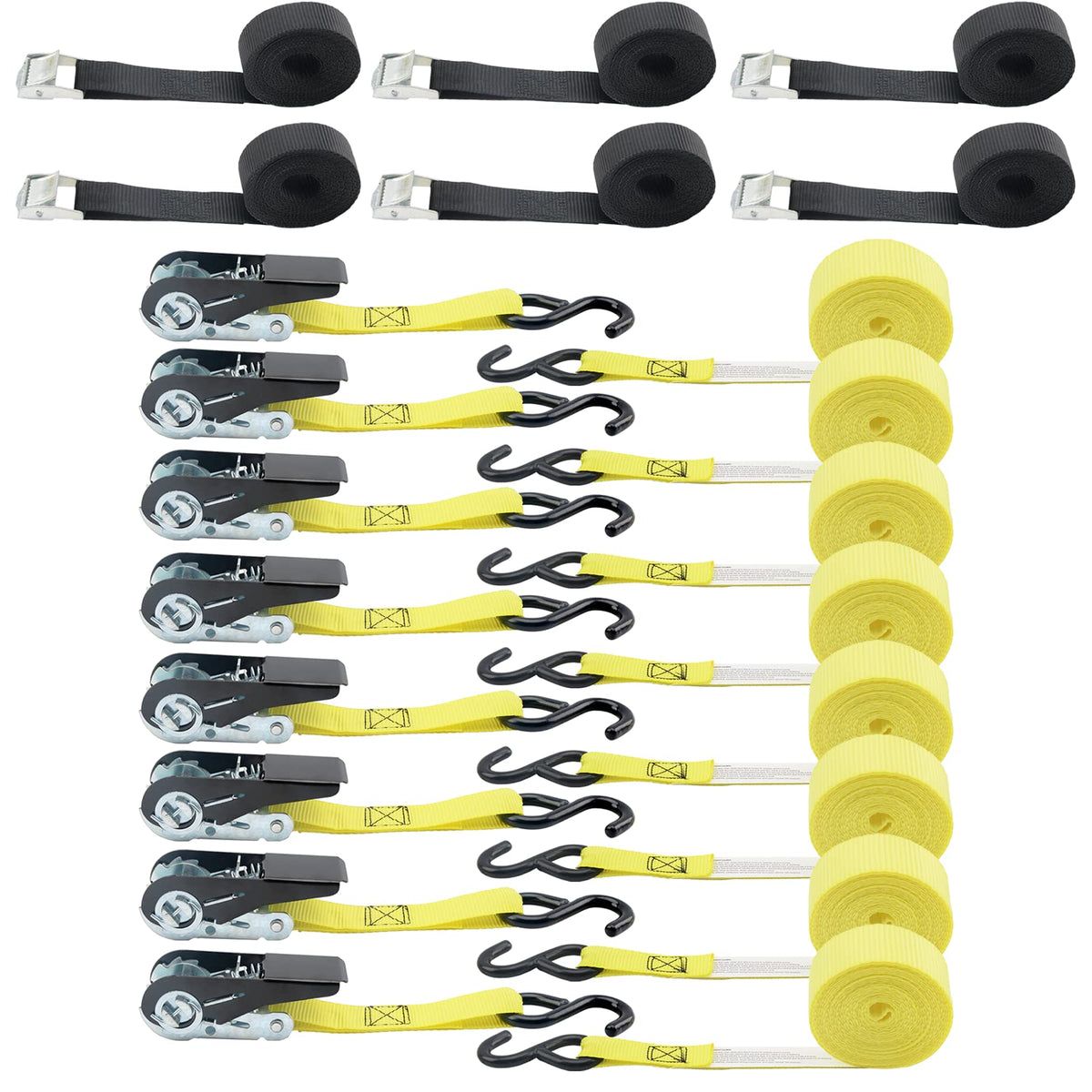 Ratchet Tie Down Straps - 8PK - 1'' x 10 ft Cargo Straps + 6PK 8FT Cam Buckle Straps Powersports Tie-Downs 1-Inch