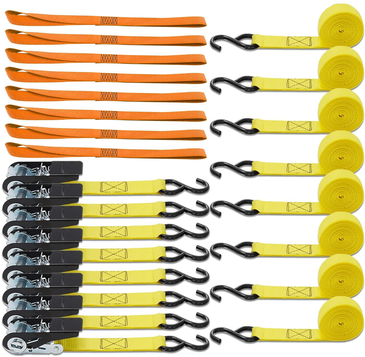 Ratchet Tie Down Straps 8PK & Soft Loop Tie-Down Straps 8PK Combo - Heavy Duty Cargo Securing Set