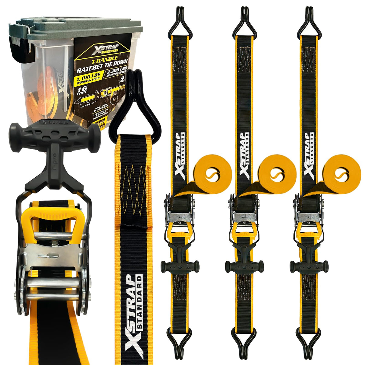 4-PK Heavy Duty Ratchet Tie Down Straps, Ammo Storage Box