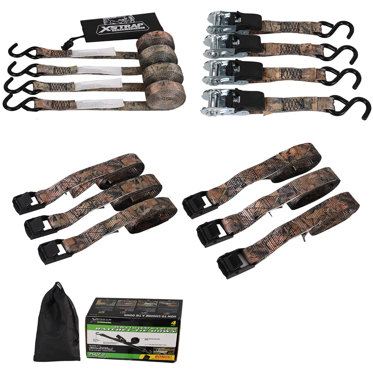 Cam Buckle Straps 6PK 8FT Powersports Tie-Downs 1-Inch + Ratchet Tie Down Straps - 4 Pk - 1'' x 15 Ft - 630 Lbs Load Cap 1890 Lbs Break Strength-Cargo