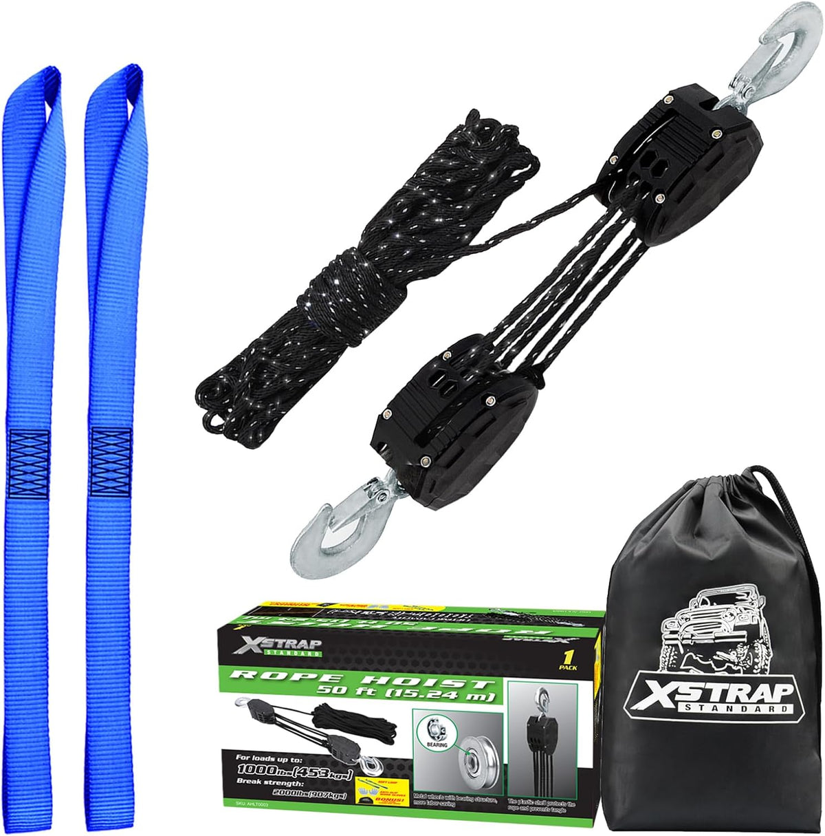 AHLT0003-Reflective-1 50FT Reflective Rope Hoist 1 Ton 5:1 Block & Tackle w/Loops 2000Lbs Break Strength, 1 ton wheel block & tackle pulley, includes 2PK 18" soft loops, reflective heavy-duty hoist