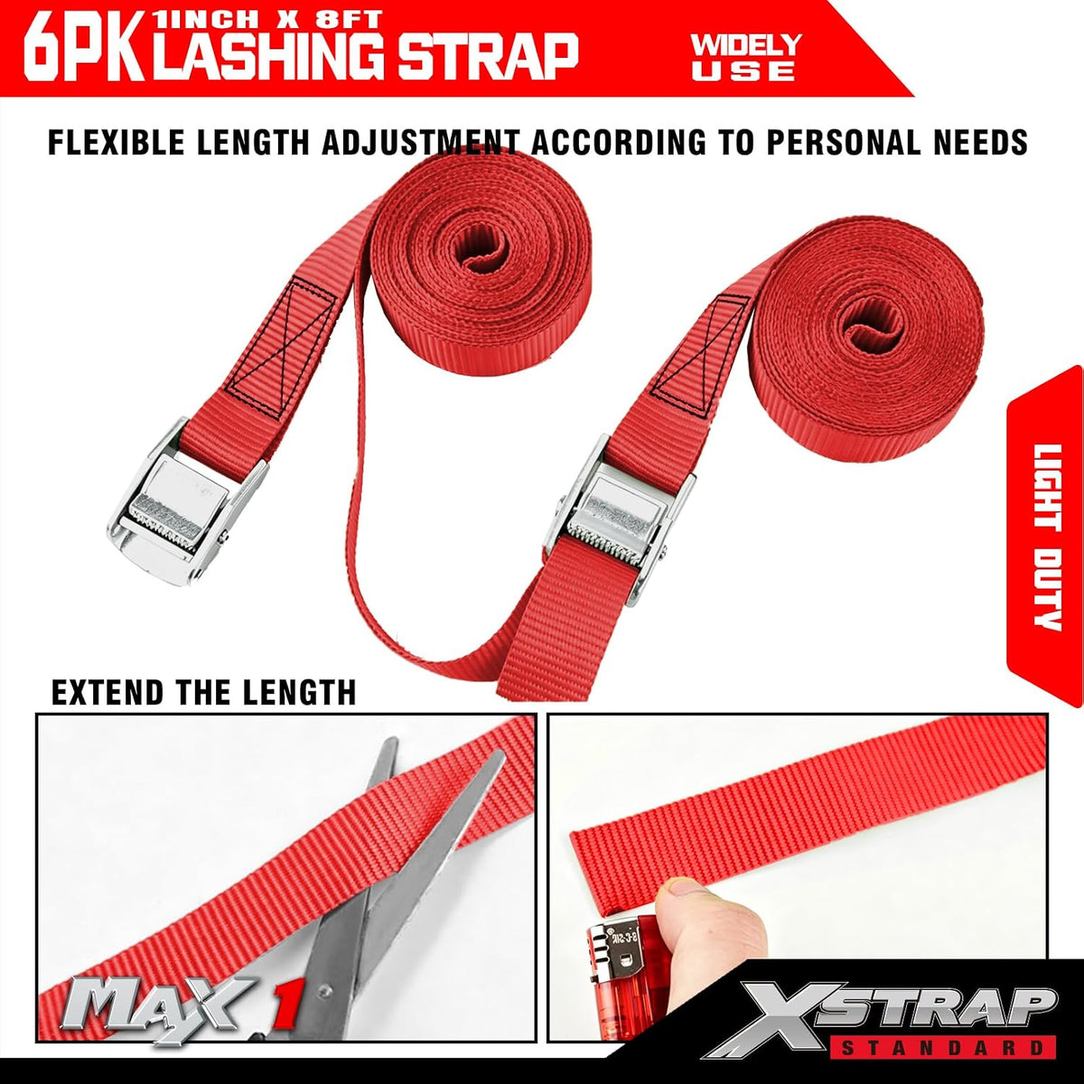 XS16006-Red 6PK 8FT Cam Buckle Lashing Straps, Cargo Tie-Down Straps 1000 lb Break Strength 1-inch Powersports Tie Down with Carry Bag for Securing Luggage Motorcycles Trailer Rack Kayak, Green