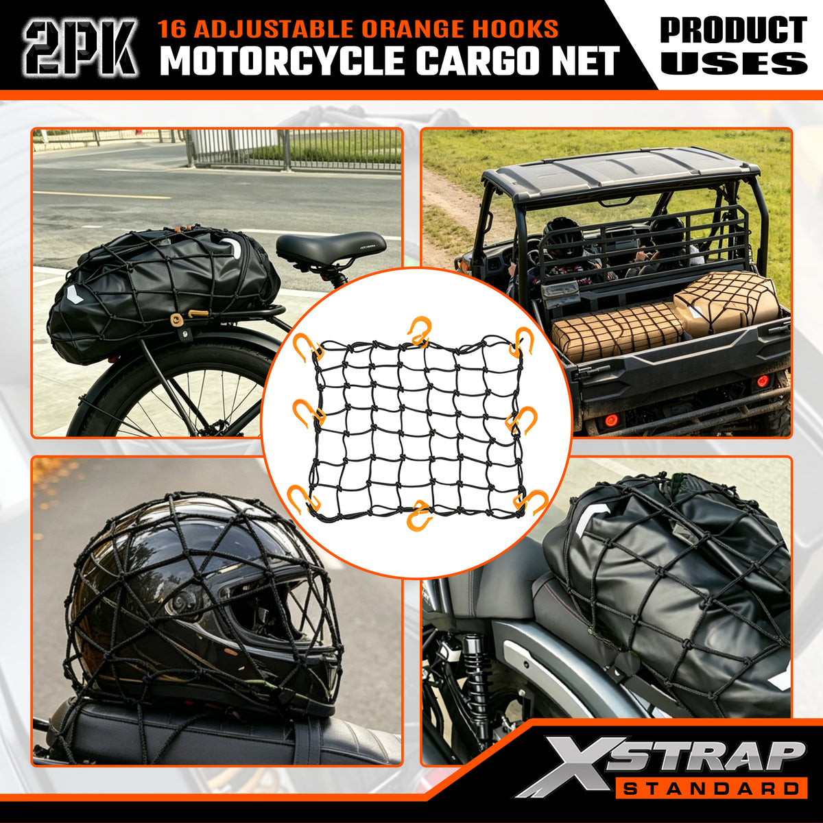 XS63560 2 Pack 15"x15" Motorcycle Cargo Nets with 16 Adjustable Hooks ﻿ Stretches up to 30"X30", 2"X2" Small Mesh Gear Helmet Net, Orange Hooks for Motorcycle, Bike, ATV and Luggage Rack