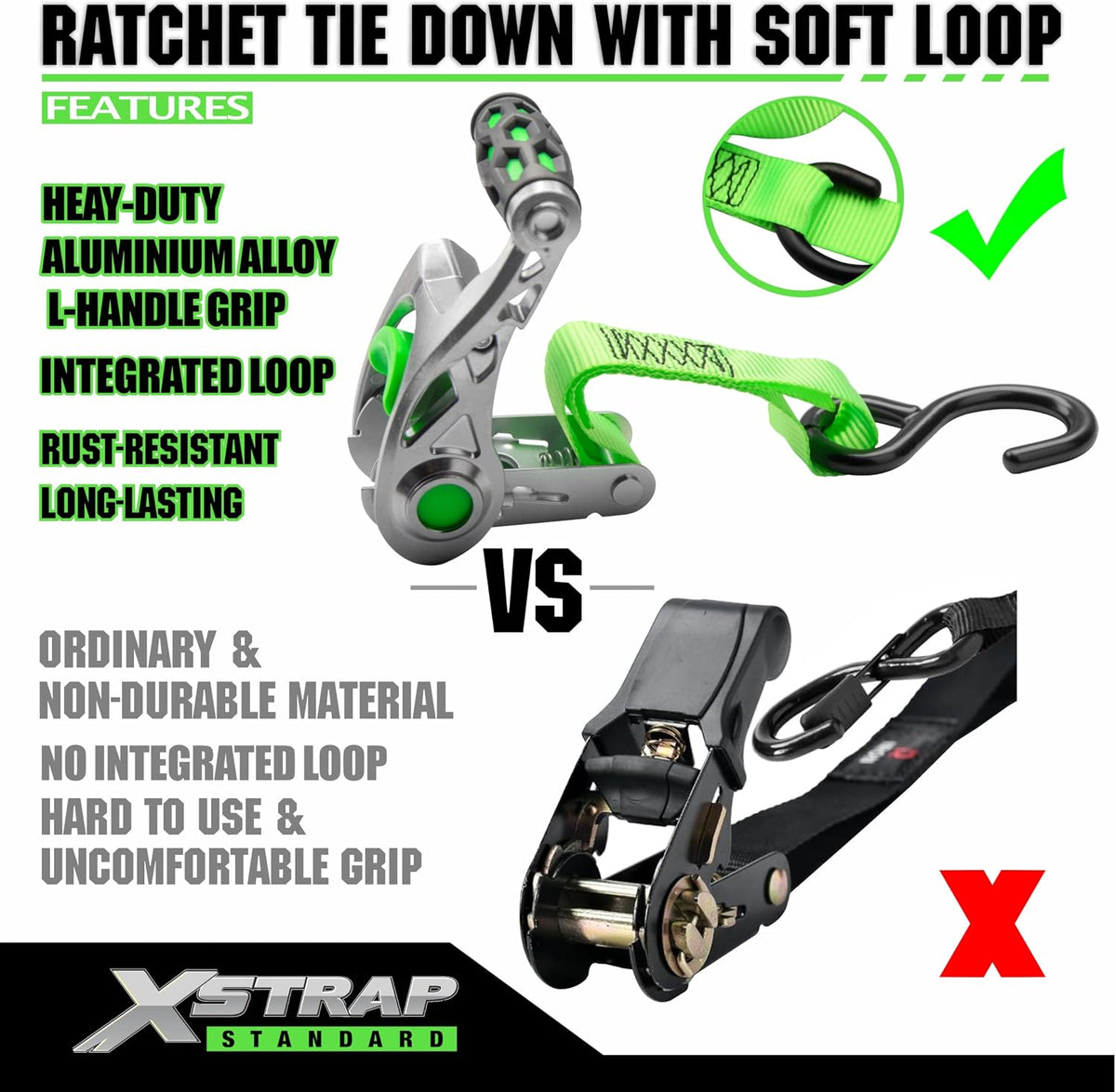 XS16095-8GR 8PK Motorcycle Ratchet Straps 1in x 14ft Luggage Straps 1,500 lbs Breaking Strength Green Ratchet Tie Down Strap w/Ergonomic Alu Alloy Handle & Coated S-Hooks for Truck Cargo Moving