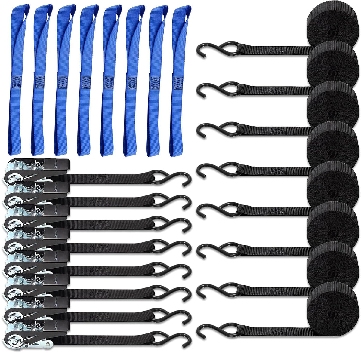 Ratchet Tie Down Straps 8PK & Soft Loop Tie-Down Straps 8PK Combo - Heavy Duty Cargo Securing Set