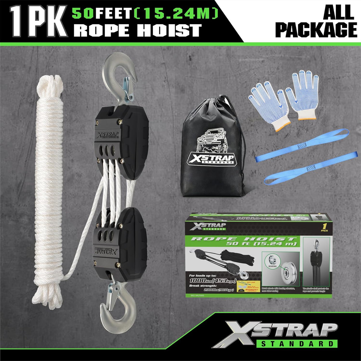 AHLT0003-White-1 Heavy-Duty 50 FT Reflective Rope Hoist Pulley System, White Metal Wheels Bearing 2000 LB Breaking Strength Block and Tackle Pulley System for Lifting Heavy Objects, with 2pcs Soft Loops