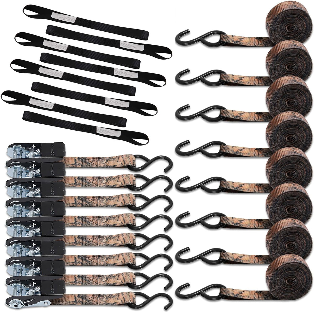Ratchet Tie Down Straps 8PK & Soft Loop Tie-Down Straps 8PK Combo - Heavy Duty Cargo Securing Set