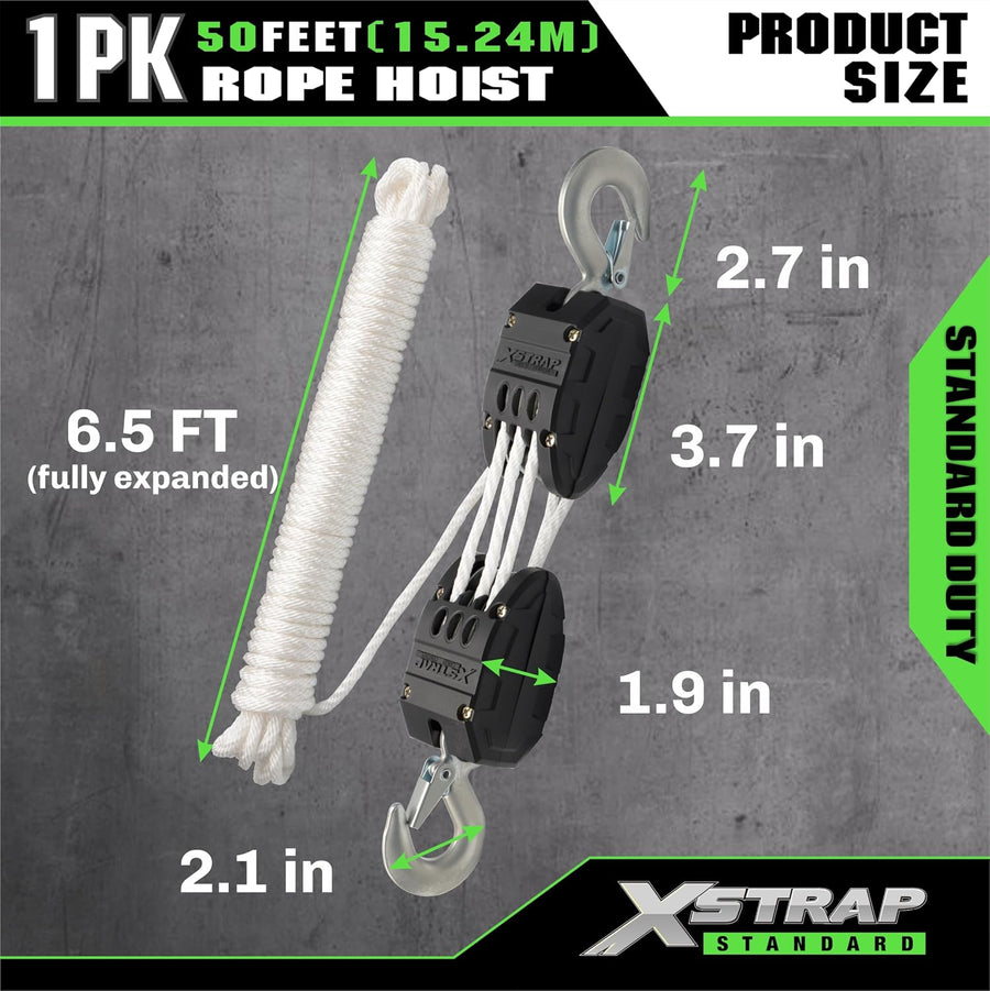 AHLT0003-White-1 Heavy-Duty 50 FT Reflective Rope Hoist Pulley System, White Metal Wheels Bearing 2000 LB Breaking Strength Block and Tackle Pulley System for Lifting Heavy Objects, with 2pcs Soft Loops