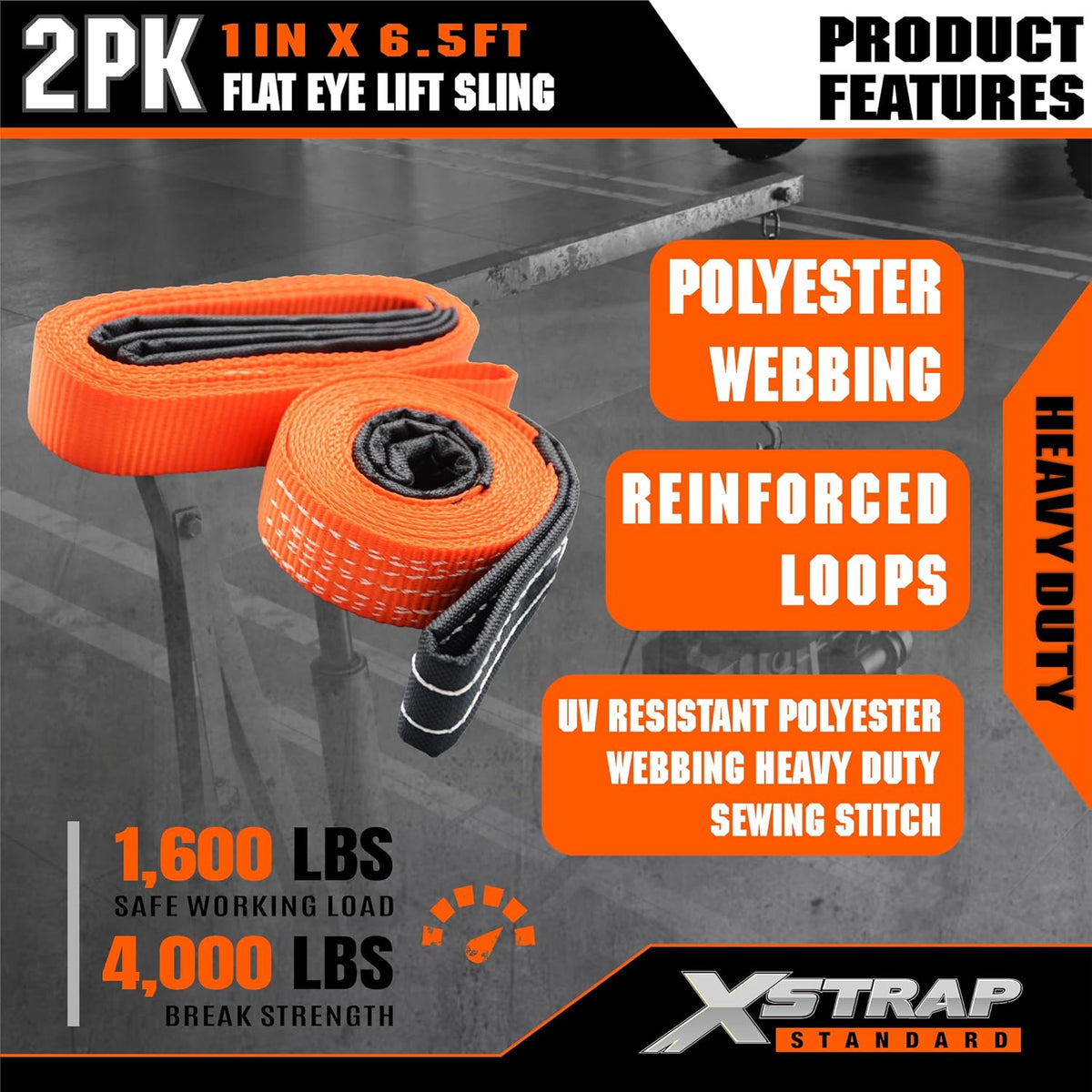XS16097-2PK 1"x6.5ft Lifting Sling Straps 2000 lb Vertical Capacity 1600 lbs Choker / 4000 lbs Basket Capacity, 5:1 Safety Factor Polyester Web Slings for Rigging, Hoist, Tree Stump Removal