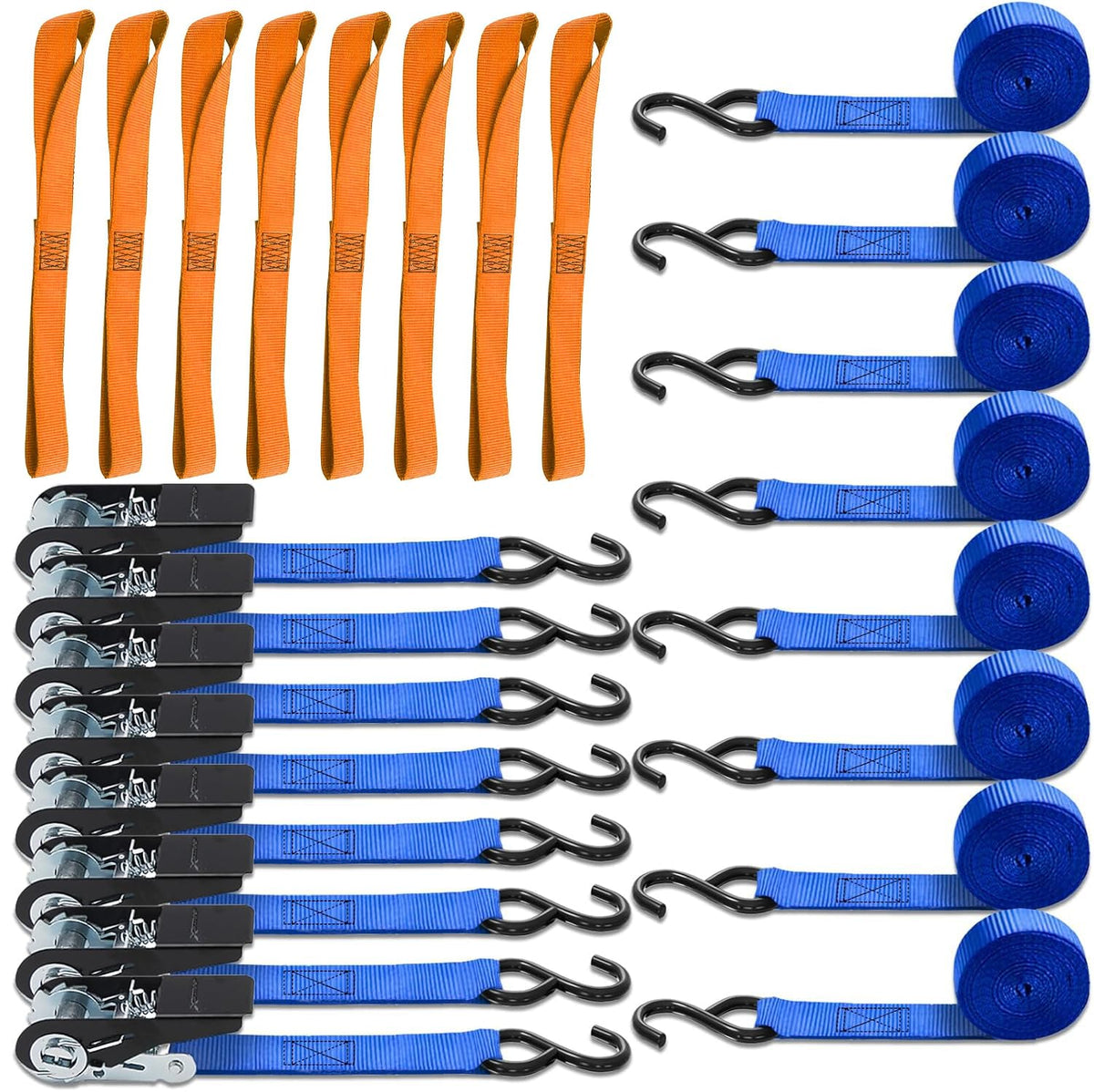 Ratchet Tie Down Straps 8PK & Soft Loop Tie-Down Straps 8PK Combo - Heavy Duty Cargo Securing Set