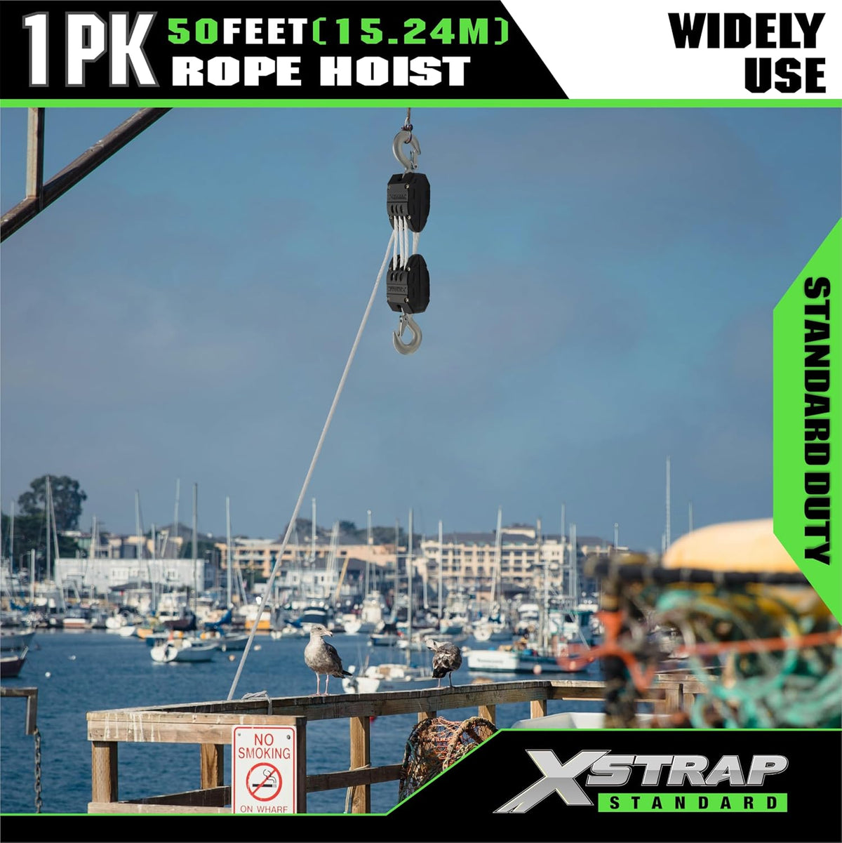AHLT0003-White-1 Heavy-Duty 50 FT Reflective Rope Hoist Pulley System, White Metal Wheels Bearing 2000 LB Breaking Strength Block and Tackle Pulley System for Lifting Heavy Objects, with 2pcs Soft Loops