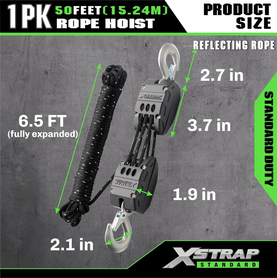 AHLT0003-Reflective-1 50FT Reflective Rope Hoist 1 Ton 5:1 Block & Tackle w/Loops 2000Lbs Break Strength, 1 ton wheel block & tackle pulley, includes 2PK 18" soft loops, reflective heavy-duty hoist