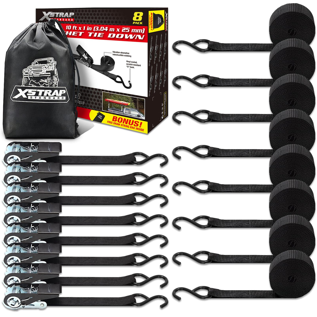 8-PK Ratchet Tie Down Straps, 1" x 10FT Cargo Straps, Black