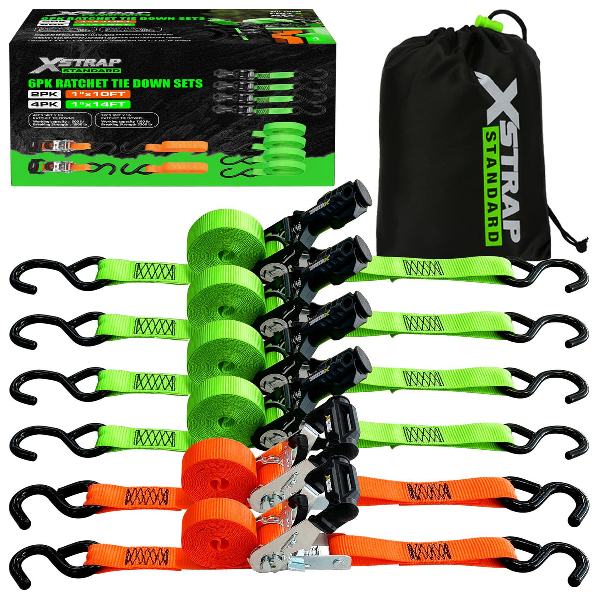 6-PK Ratchet Tie Down Straps, Heavy Duty Motorcycle Straps