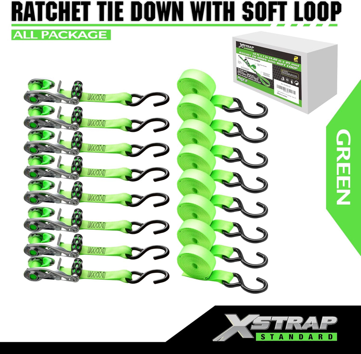 XS16095-8GR 8PK Motorcycle Ratchet Straps 1in x 14ft Luggage Straps 1,500 lbs Breaking Strength Green Ratchet Tie Down Strap w/Ergonomic Alu Alloy Handle & Coated S-Hooks for Truck Cargo Moving