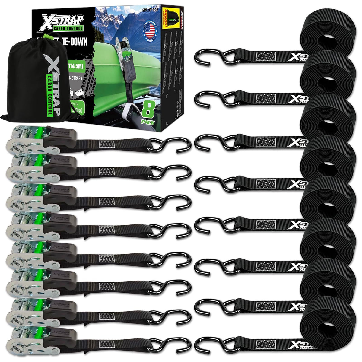 Ratchet Straps Motorcycle Tie Downs, 8-Pack 1" x 15FT Black