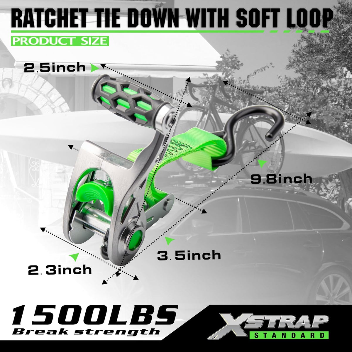 XS16095-8GR 8PK Motorcycle Ratchet Straps 1in x 14ft Luggage Straps 1,500 lbs Breaking Strength Green Ratchet Tie Down Strap w/Ergonomic Alu Alloy Handle & Coated S-Hooks for Truck Cargo Moving