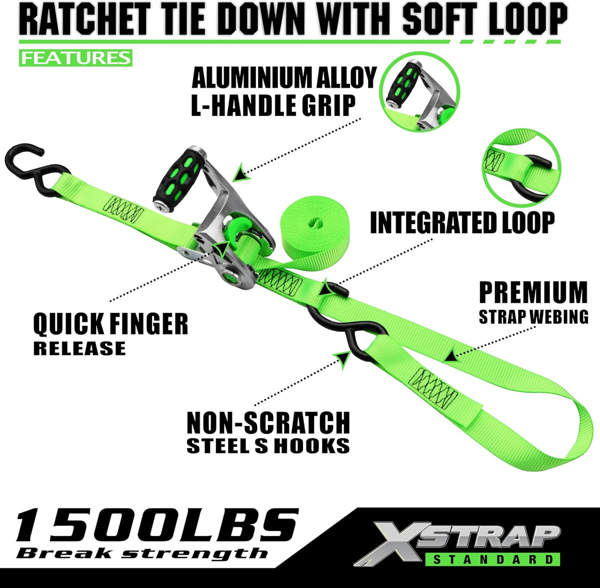 XS16095-8GR 8PK Motorcycle Ratchet Straps 1in x 14ft Luggage Straps 1,500 lbs Breaking Strength Green Ratchet Tie Down Strap w/Ergonomic Alu Alloy Handle & Coated S-Hooks for Truck Cargo Moving