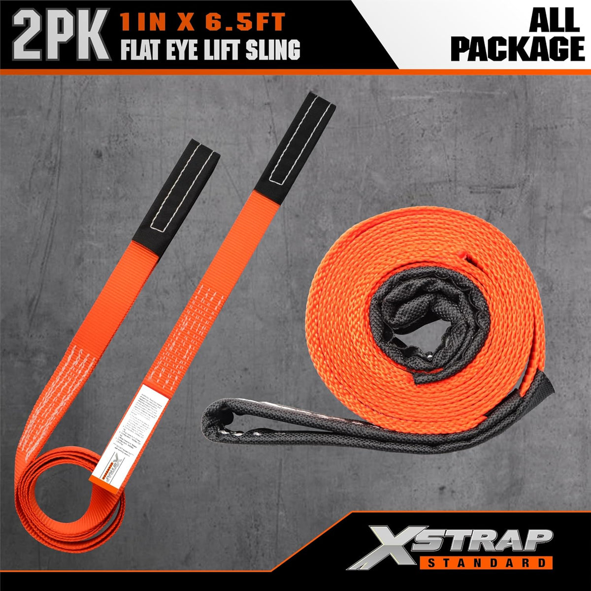 XS16097-2PK 1"x6.5ft Lifting Sling Straps 2000 lb Vertical Capacity 1600 lbs Choker / 4000 lbs Basket Capacity, 5:1 Safety Factor Polyester Web Slings for Rigging, Hoist, Tree Stump Removal