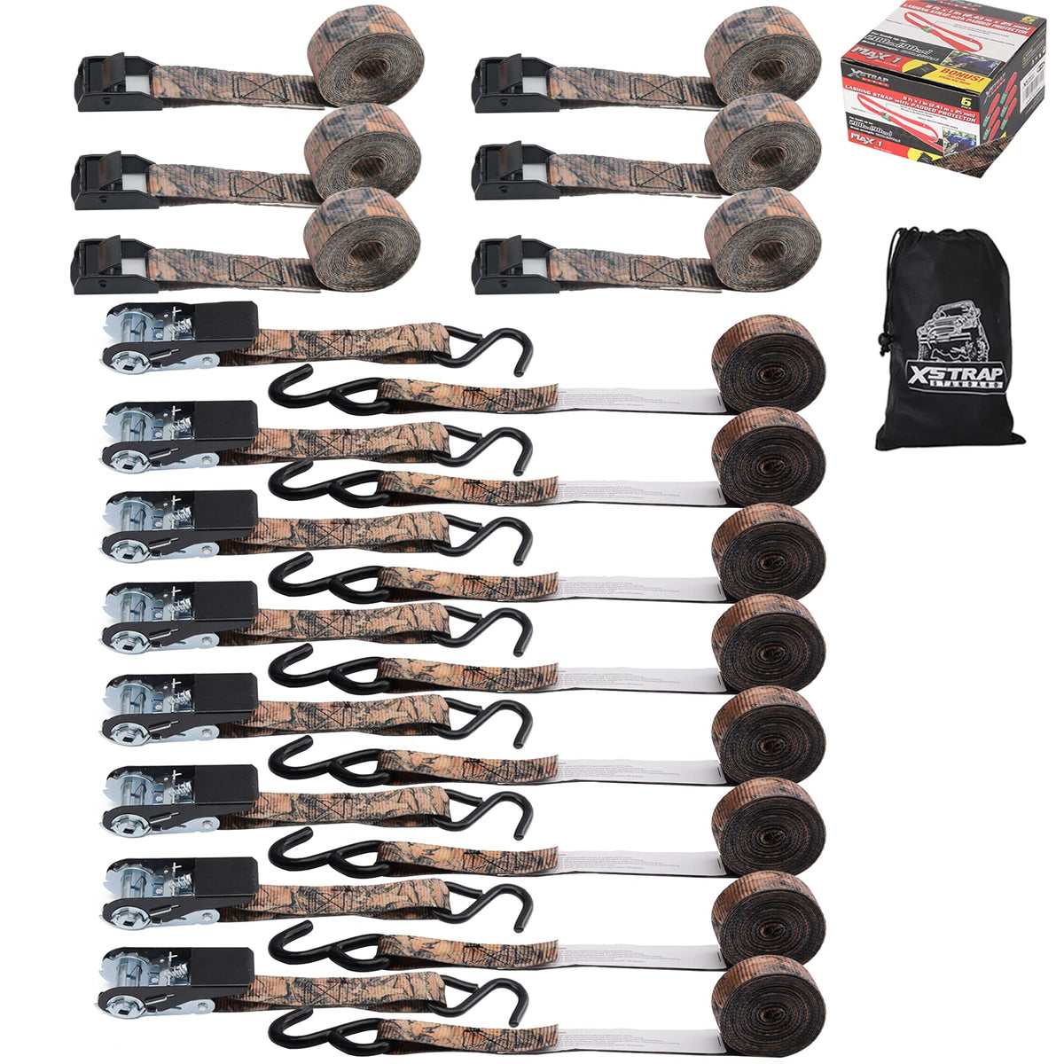 Ratchet Tie Down Straps - 8PK - 1'' x 10 ft - 900 LB Break Strength Cargo Straps