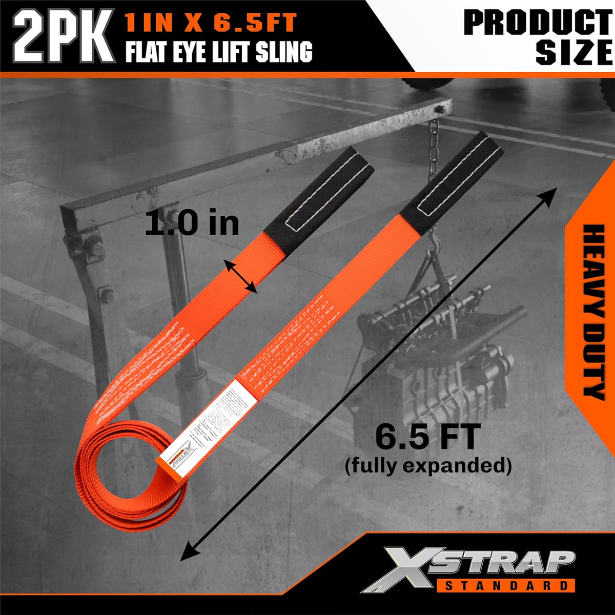 XS16097-2PK 1"x6.5ft Lifting Sling Straps 2000 lb Vertical Capacity 1600 lbs Choker / 4000 lbs Basket Capacity, 5:1 Safety Factor Polyester Web Slings for Rigging, Hoist, Tree Stump Removal