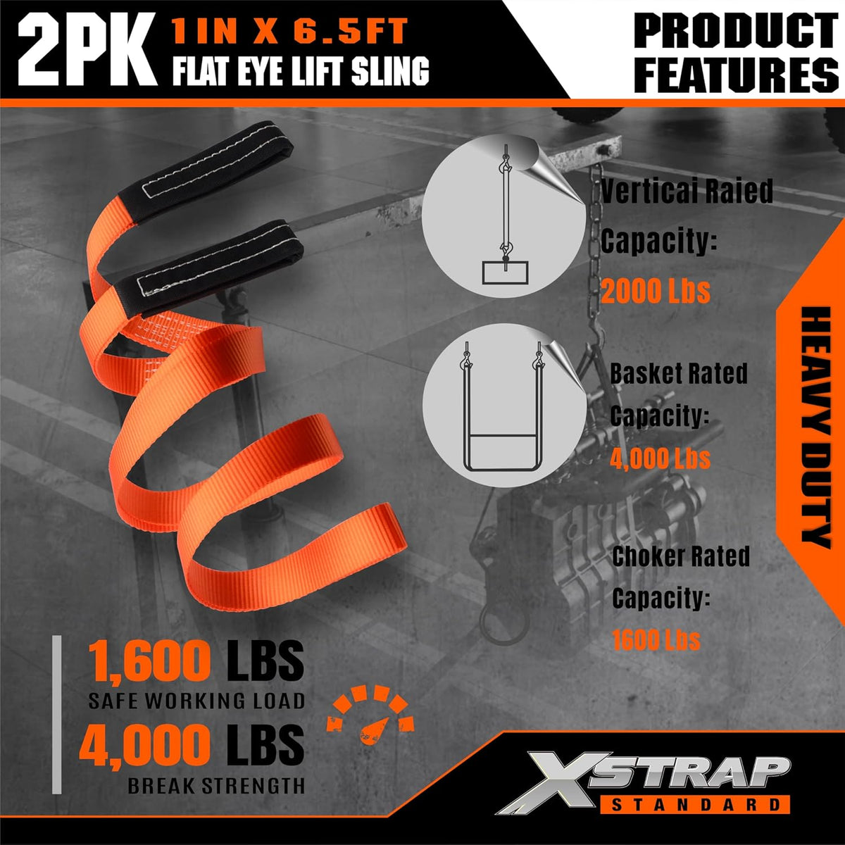 XS16097-2PK 1"x6.5ft Lifting Sling Straps 2000 lb Vertical Capacity 1600 lbs Choker / 4000 lbs Basket Capacity, 5:1 Safety Factor Polyester Web Slings for Rigging, Hoist, Tree Stump Removal