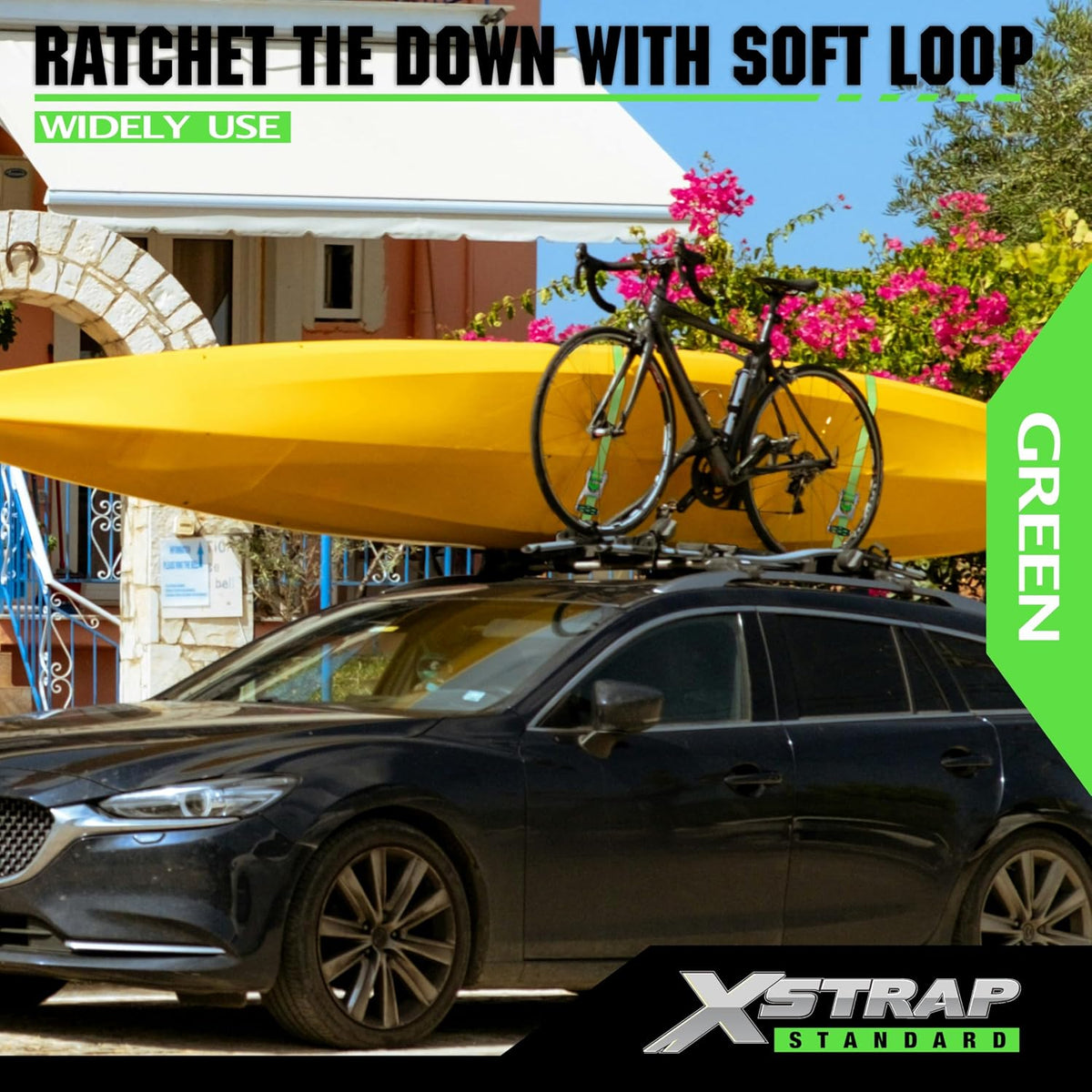 XS16095-8GR 8PK Motorcycle Ratchet Straps 1in x 14ft Luggage Straps 1,500 lbs Breaking Strength Green Ratchet Tie Down Strap w/Ergonomic Alu Alloy Handle & Coated S-Hooks for Truck Cargo Moving