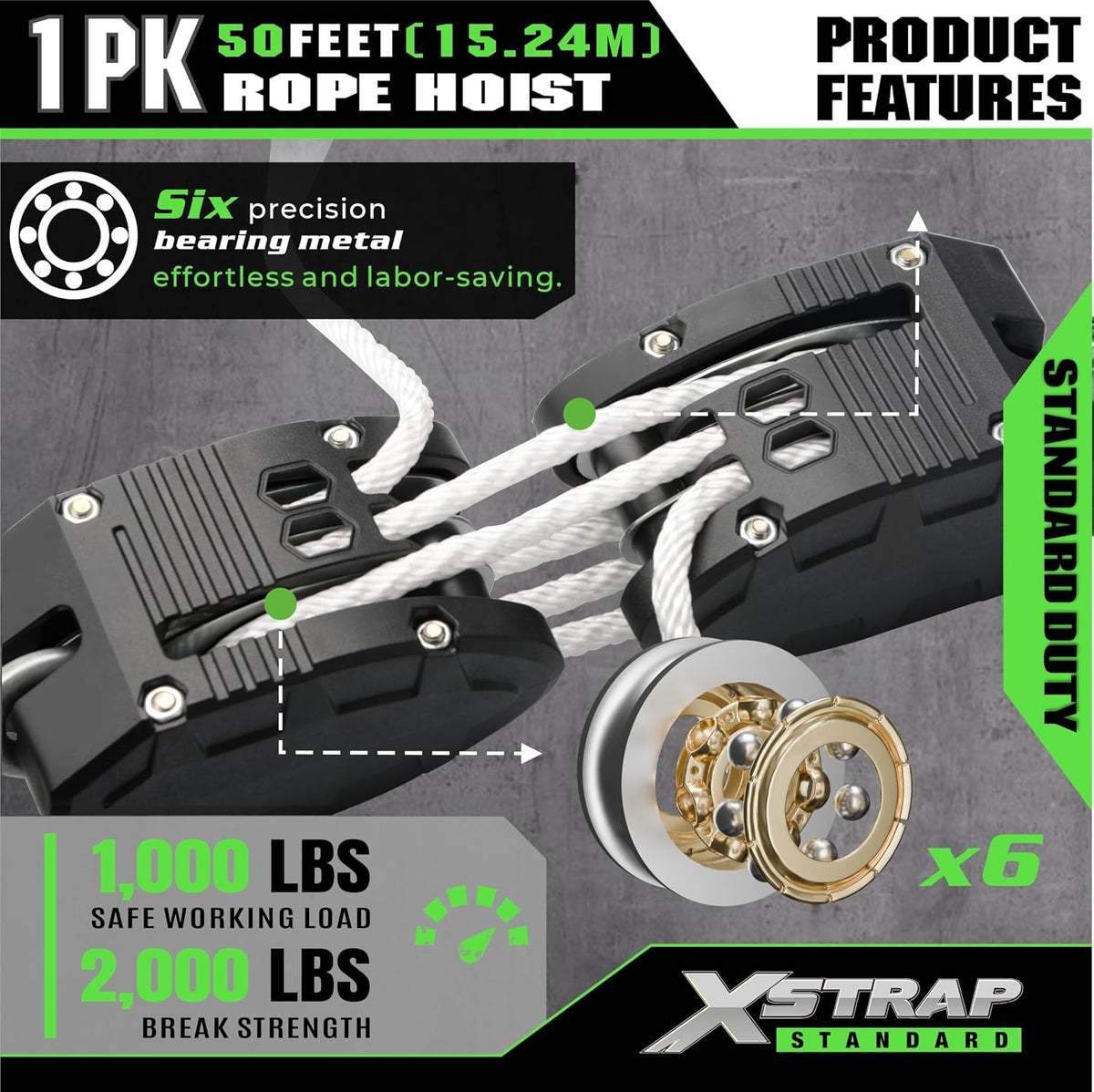AHLT0003-White-1 Heavy-Duty 50 FT Reflective Rope Hoist Pulley System, White Metal Wheels Bearing 2000 LB Breaking Strength Block and Tackle Pulley System for Lifting Heavy Objects, with 2pcs Soft Loops