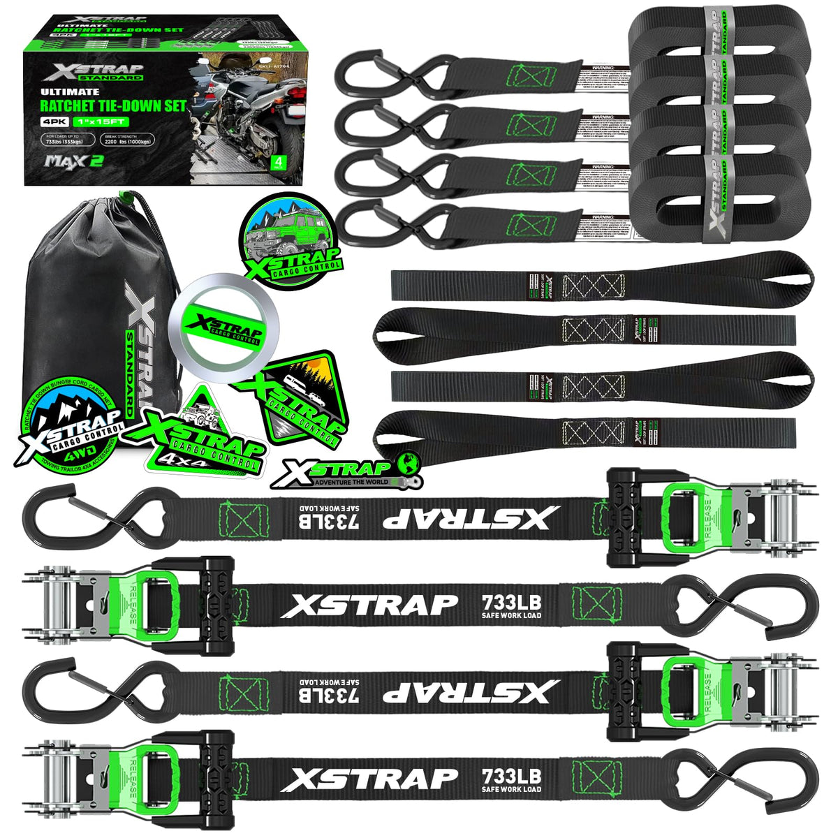 4PK 1"x15ft Motorcycle Ratchet Tie Down Straps with S-Hooks