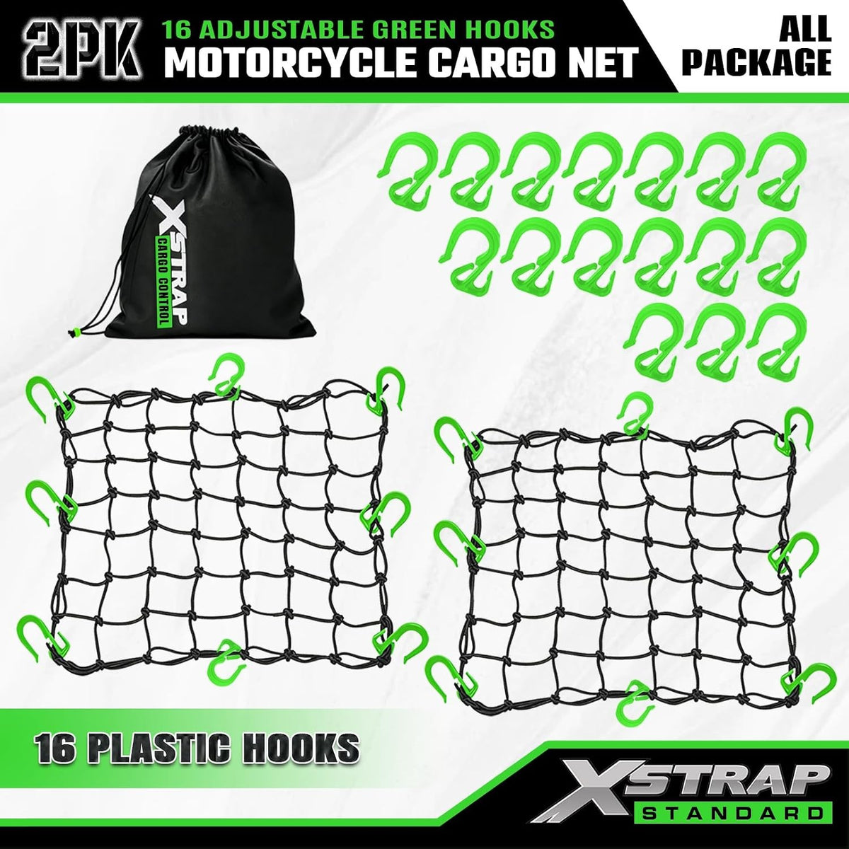 XS63559 2 Pack 15"x15" Motorcycle Cargo Nets with 16 Adjustable Hooks ﻿ Stretches up to 30"X30", 2"X2" Small Mesh Gear Helmet Net, Green Hooks for Motorcycle, Bike, ATV and Luggage Rack