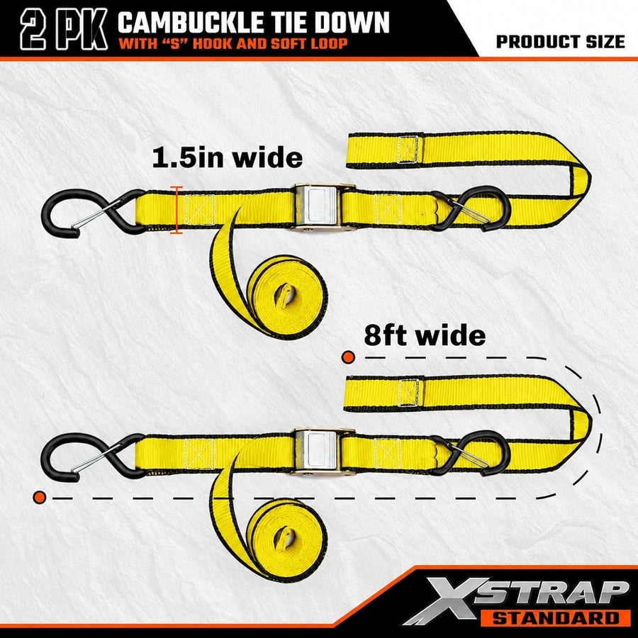 XS16008-Yellow 2-PK Motorcycle Straps Cambuckle Tie Down 1.5" X8FT, Yellow 3000lb Break Strength Heavy-Duty Handlebar Straps, Safety S-Hooks & Soft Loops for Dirt Bike, ATV, Boat and Kayak