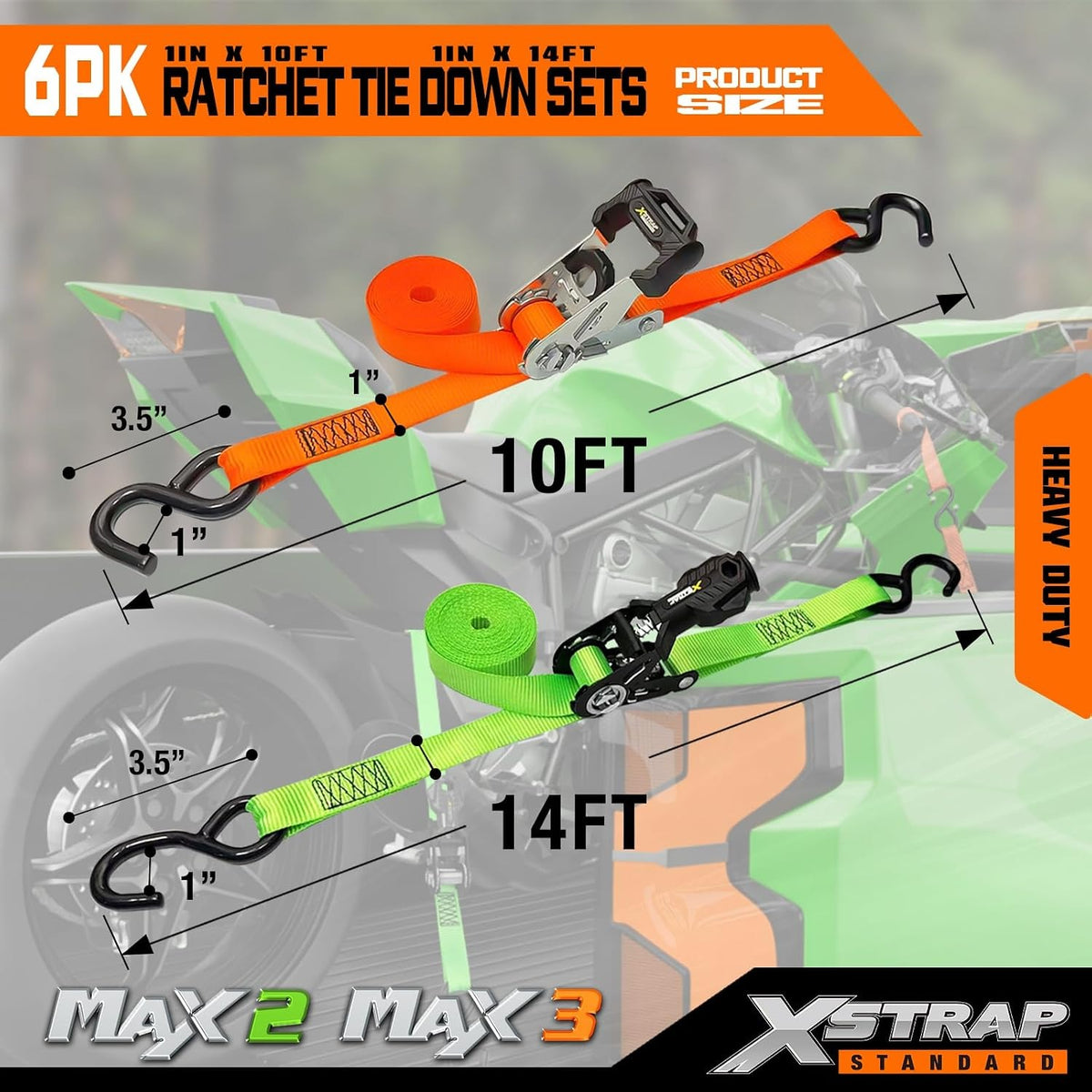 66105B 6-PK Ratchet Tie Down Straps, Heavy Duty Motorcycle Straps 1 Inch 4 x 14ft & 2 x 10ft Tie-down, 3300 lbs Break Strength Cargo Straps with Coated S-Hooks for Moving, Truck, UTV, Trailer