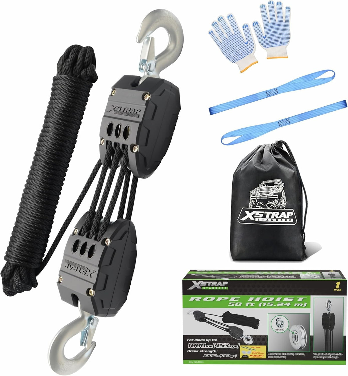 AHLT0003-Black 50FT Rope Hoist Pulley Block & Tackle 5:1 System, Black 1000 Working Load, 2000 LB Break Strength, 50 FT Rope Hoist with 2 Soft Loops for Garage, Hunting & DIY Attic Lift