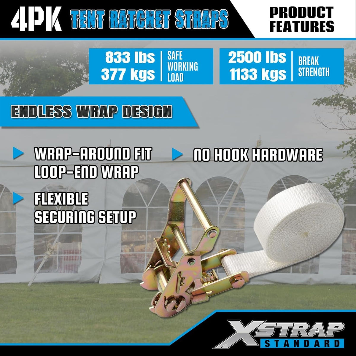 XS16100 4PK 1" × 10FT Ratchet Tie Down White Tent Securing Straps, 2500lbs Breaking Strength Heavy Duty Endless Moving Straps, Track Spring Fittings, Tie Downs for Tents/Trailers/Kayaks/Truck