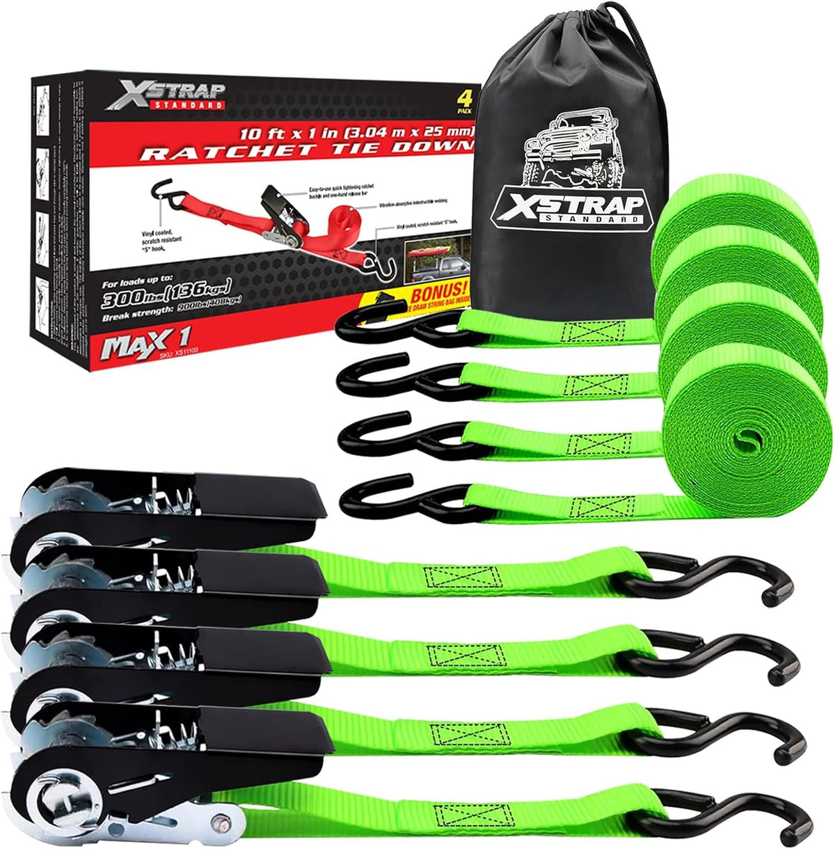 XS11100-1 4-PK Ratchet Tie Down Straps, 1" x 10FT Cargo Straps,  900 Lbs Break Strength Securing Straps with S-Hook for UTV, ATV, Pickup,Truck, Moving Appliances, Lawn Equipment（副本）（副本）