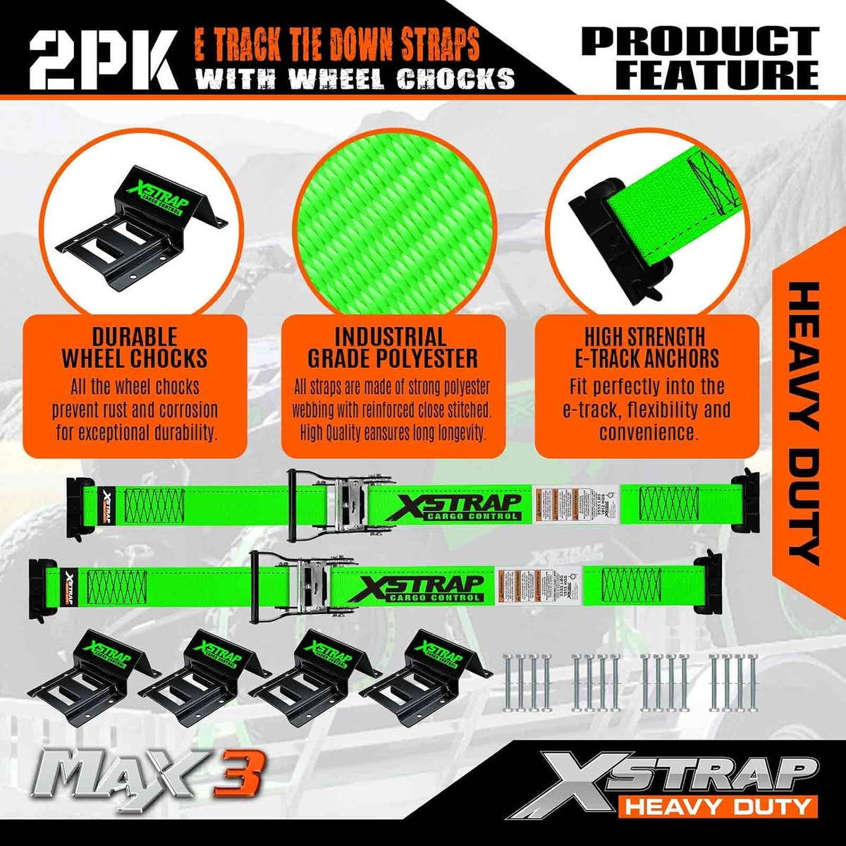 X61803 2-PK Wheel Chock E-Track Tie Down Straps Kit, 2"x9FT, Green 4,400lb Break Strength Over-The-Tire 4 Ratchet Straps with 8 Steel Wheel Chocks for ATV, UTV, Mower, Four Wheeler & Trailer