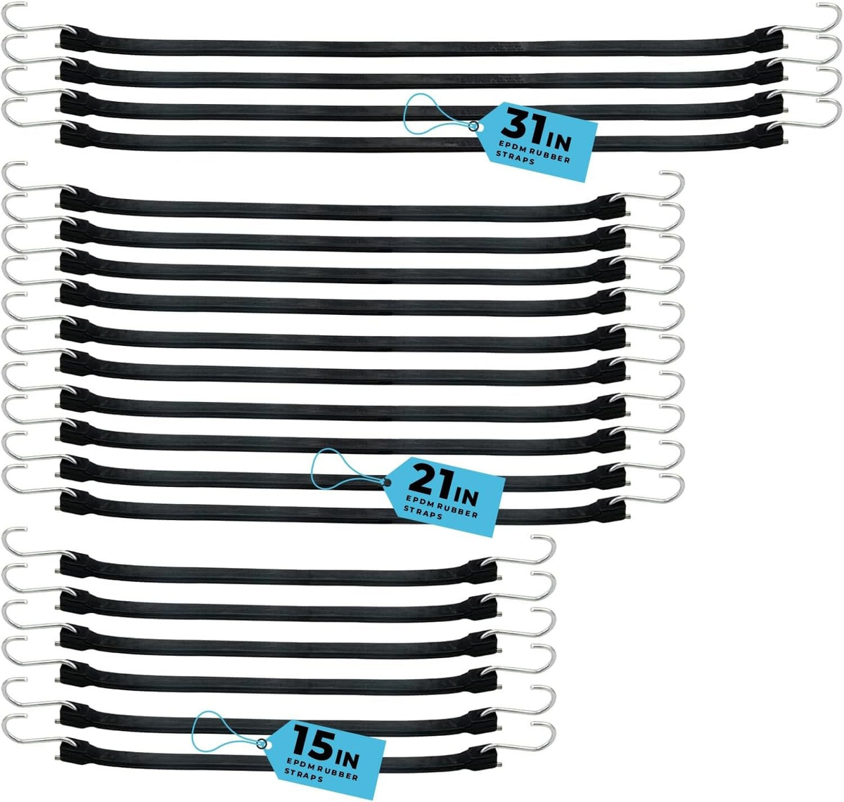 XS35005-1  Multi Size 20PK EPDM Bungee Cords Natural Rubber Tarp Strap Heavy Duty 15" 21" 31" Elastic Tie Downs with Metal Crimped S Hooks for Securing Camping, Canvases, Cargo, Flatbed Trailers
