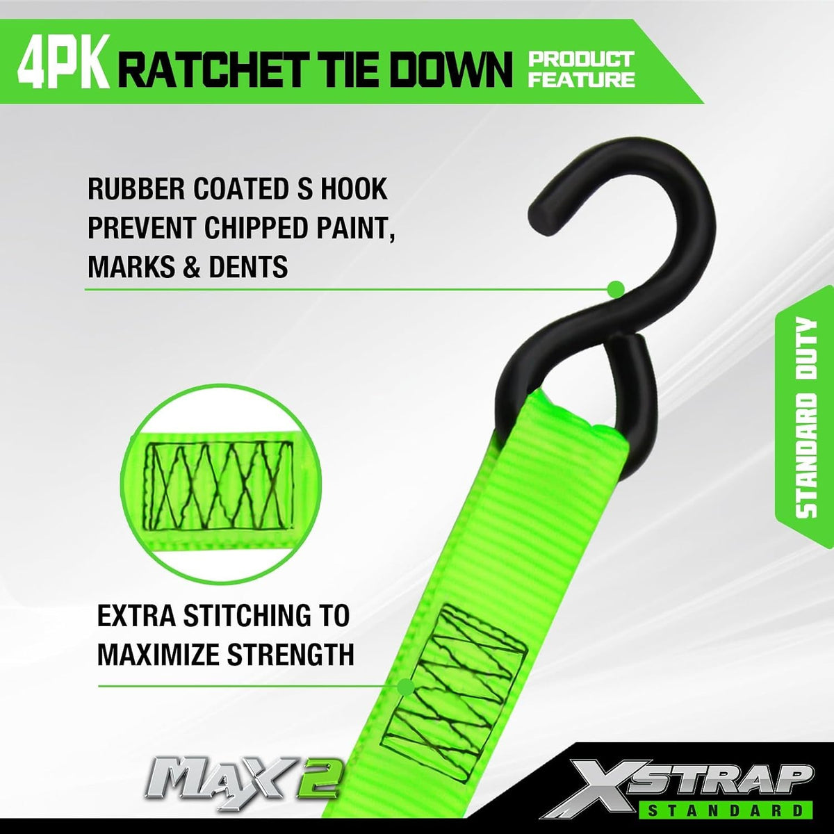 XS16019-2 4 Pack 1" x 15Ft Ratchet Tie Down Straps with 4 Soft Loops, 500Lbs Load Cap, 1500Lb Break Strength, Abrasion-Resist Webbing for Moving Appliances, Lawn Equipment & Motorcycle, Green