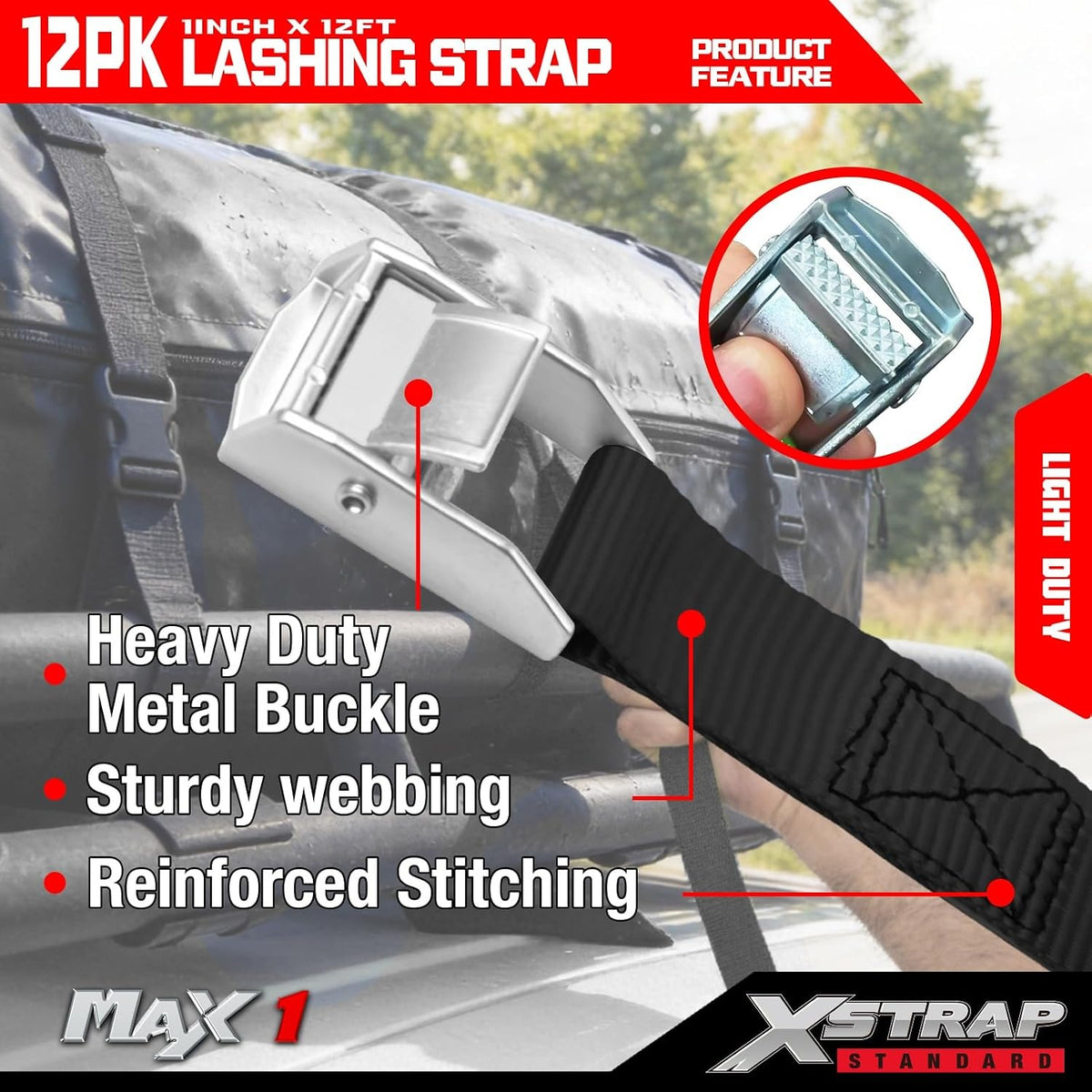 XS61093 Cambuckle Tie Down Strap 12-PK 1" x12' Cargo Lashing Straps 1000 lb Break Strength 1-inch Powersports Tie Down with Carry Bag for Securing Luggage Motorcycles Trailer Rack Kayak, Black