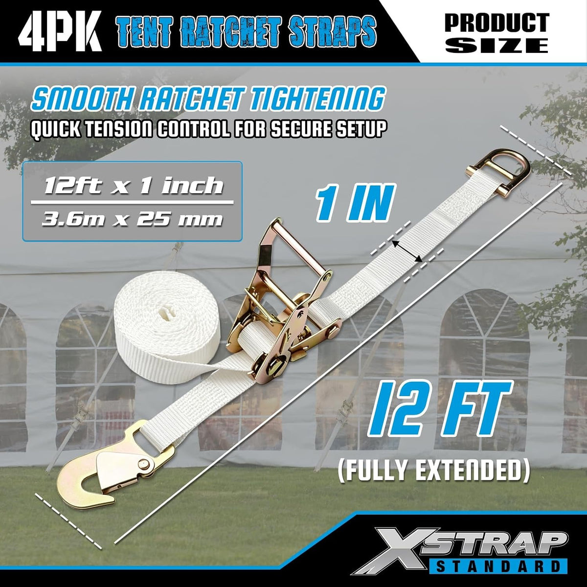 XS16098 4PK 12FT Ratchet Tie Down Tent Straps w/Snap Hook & D-Ring Heavy Duty 2500lbs Breaking Strength 1inch Tie Downs Secure Tents & Canopies for Camping/Events, Durable Polyester Webbing