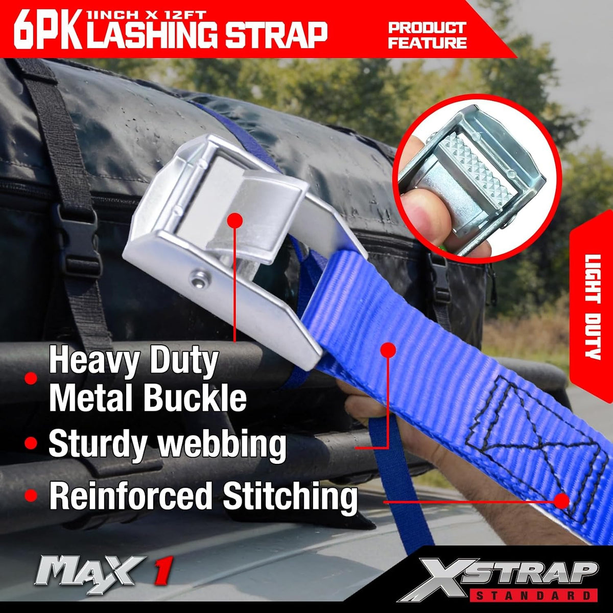 XS61091 Cambuckle Tie Down Strap 6-Pack 1"x12' Cargo Lashing Straps 1000 lb Break Strength 1-inch Powersports Tie Down with Carry Bag for Securing Luggage Motorcycles Trailer Rack Kayak, Blue