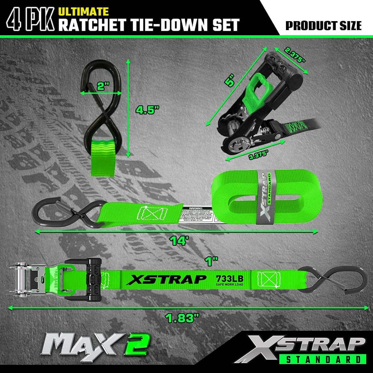 X61795 4PK 1"x15ft Motorcycle Ratchet Tie Down Straps with S-Hooks 2,200 Lbs Break Strength Heavy Duty Padded Handles Ratchet Straps for Kayak Trailer ATV Truck and Moving, Black