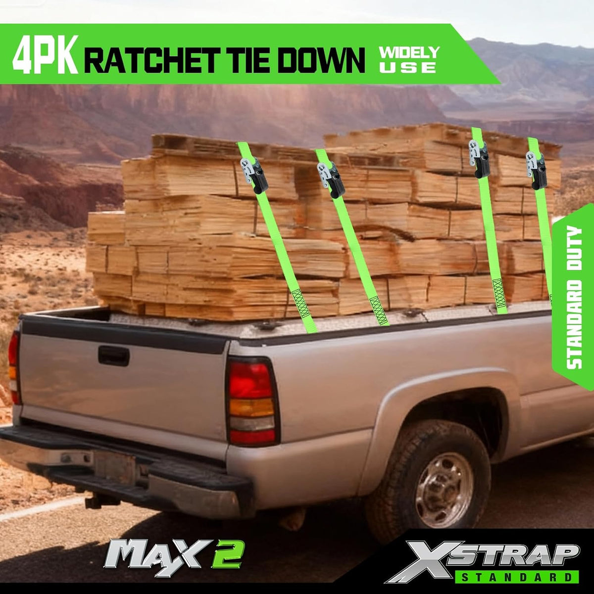 XS16019-1 4 PK 1" x 15Ft Ratchet Tie Down Straps with 2 Bungee Cords, 500Lbs Load Cap,1500Lb Break Strength, Abrasion-Resist Webbing for Moving Appliances, Lawn Equipment & Motorcycle, Green
