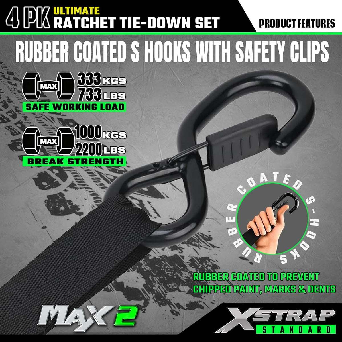 X61795B 4PK 1"x15ft Motorcycle Ratchet Tie Down Straps with S-Hooks 2,200 Lbs Break Strength Heavy Duty Padded Handles Ratchet Straps for Kayak Trailer ATV Truck and Moving, Black