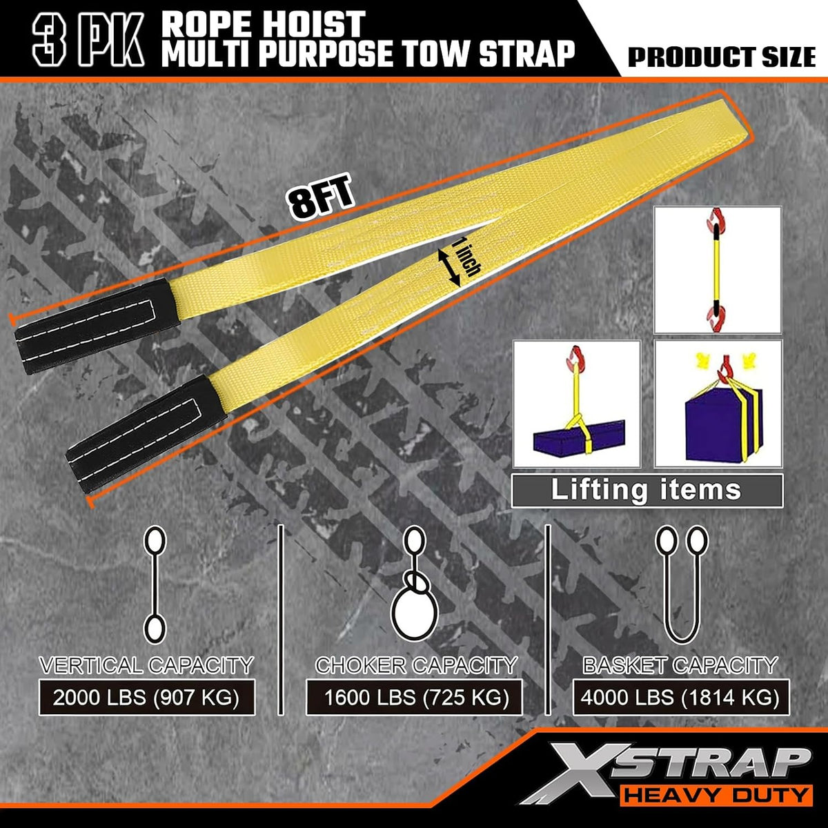AHLT0002-Black 65FT Rope Hoist 4000Lbs Break w/2PK 8FT Lift Sling Black 4000Lbs Break Strength, Rust-proof block & tackle hoist, UV-resistant polyester sling, safety hooks, for garage & hunting