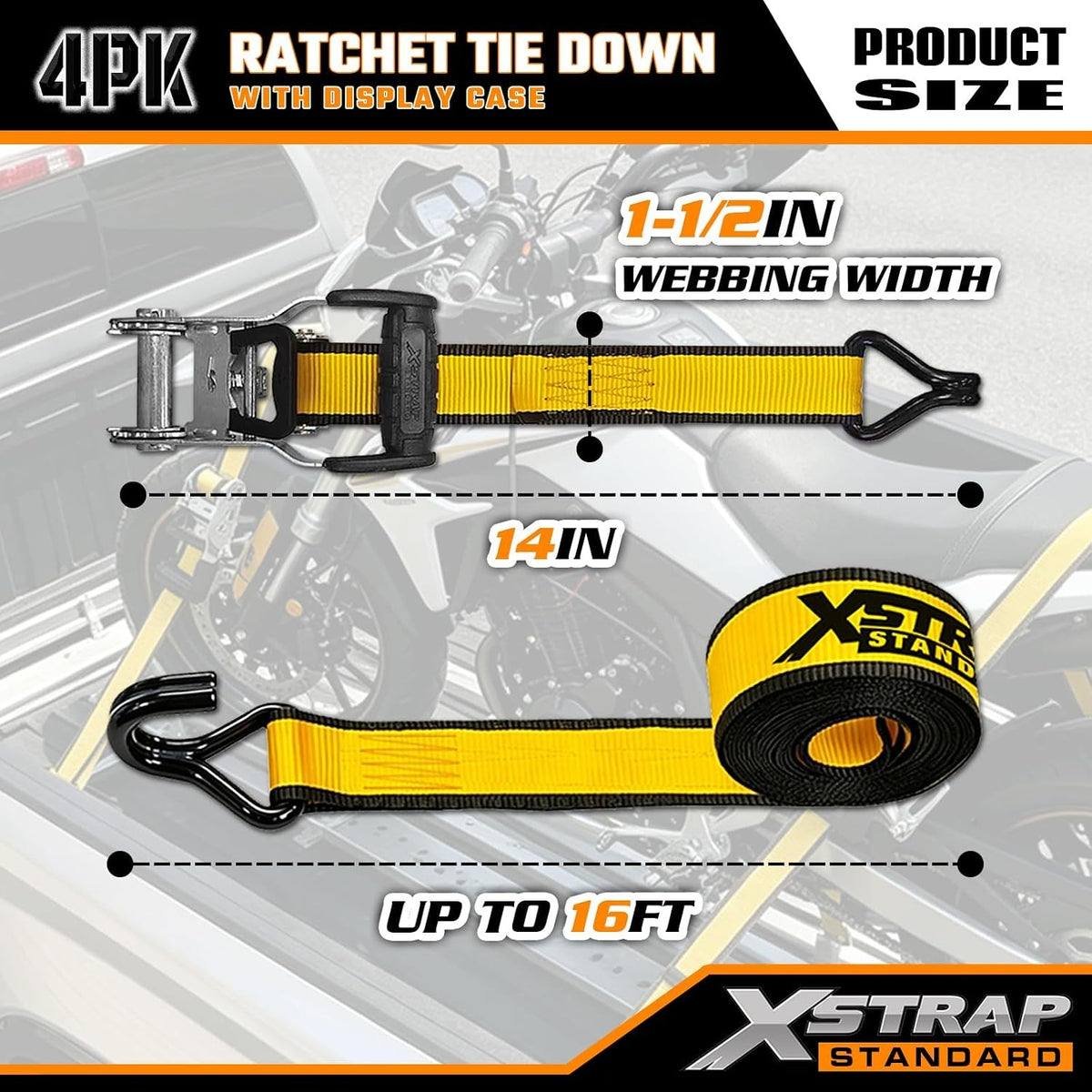 XS16092-4Y 4 Pack 1.5" x 16Ft Ratchet Tie Down Straps Double w/ J Hook, 3,300 lb Break Strength, Heavy Duty Tie Down Straps for ATV, UTV, Truck, Motorcycle & Cargo Hauling, Kayak, Trailer, Yellow